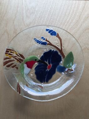 Handcrafted Fused Glass Hummingbird Glass Art Plate in Blue and Green by Travis